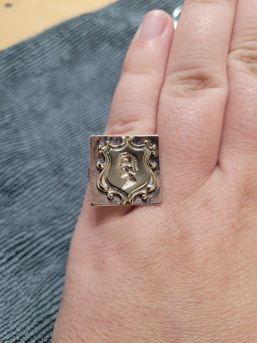 Asjustable, Size 8 Two-Tone Square Crest Signet Ring with Raised Medallion